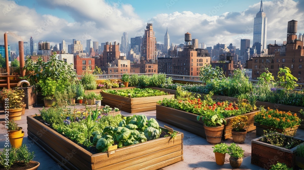 Fototapeta premium Urban Rooftop Garden with Lush Vegetables and Herbs Overlooking a City Skyline Featuring the Empire State Building in the Distance