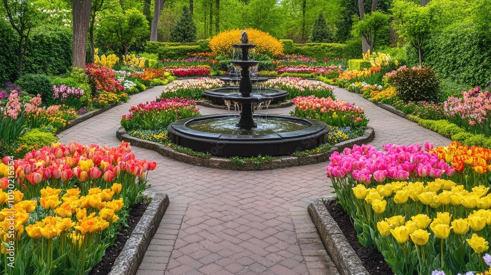 Obraz premium Tranquil Garden Pathway Surrounded by Vibrant Flower Beds Featuring Colorful Tulips and a Central Fountain in Blooming Spring Landscape