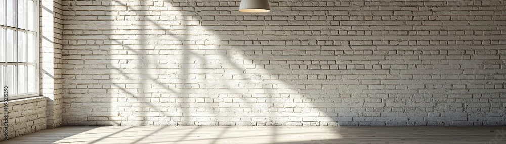 Fototapeta premium Empty brick wall background with single hanging lamp casting shadows, urban loft aesthetic
