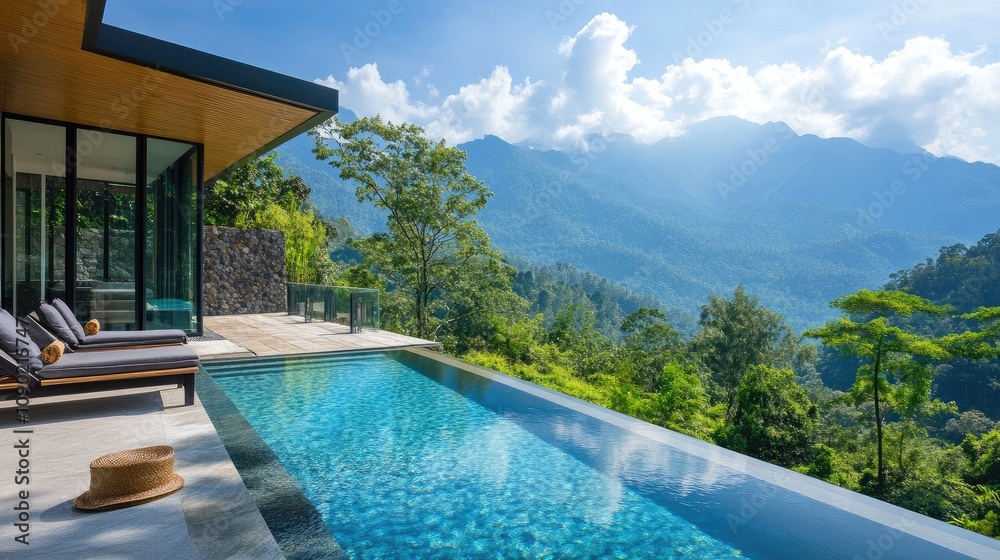 Fototapeta premium Serene Modern Villa with Infinity Pool Overlooking Lush Mountains and Clear Sky, Ideal for Relaxation and Luxury Escapes in Nature's Embrace