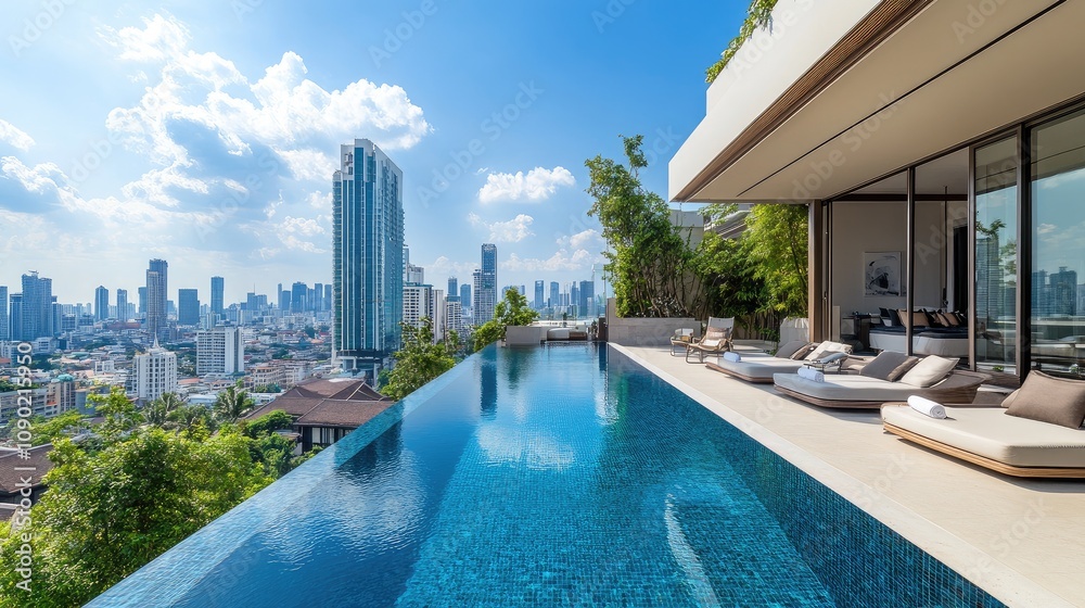 Fototapeta premium Breathtaking Luxury Infinity Pool Overlooking City Skyline with Modern Architecture and Serene Surroundings in a Bright, Sunny Day