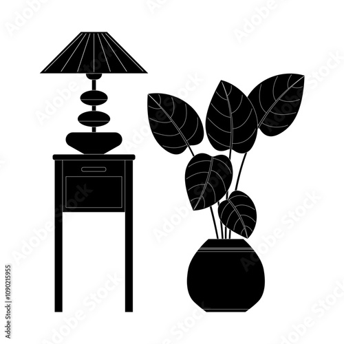 a monochrome vector illustration of a Scandinavian style interior decor and furniture