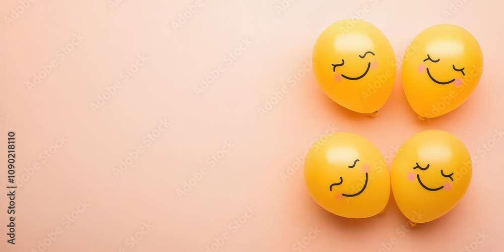 Fototapeta premium Happy yellow balloons with smiley faces on pastel background
