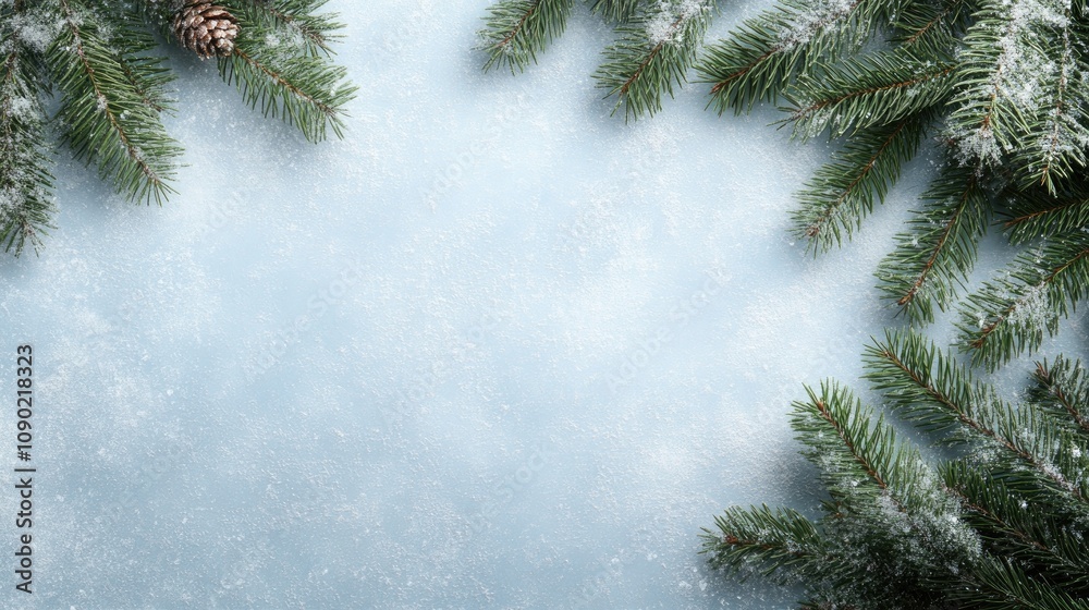 Obraz premium Snowy Pine Branches Frame Winter Holiday Background