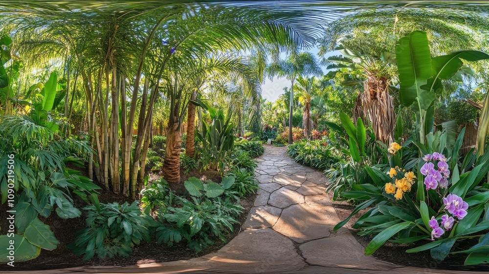 Fototapeta premium Lush Tropical Pathway Surrounded by Vibrant Greenery and Colorful Flowers in a Serene Garden Setting for Nature Lovers and Plant Enthusiasts
