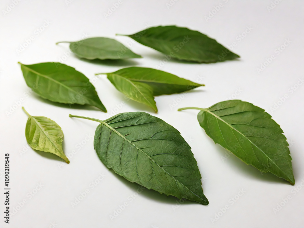 Fototapeta premium A vibrant collection of leaves in various shapes on a white background.