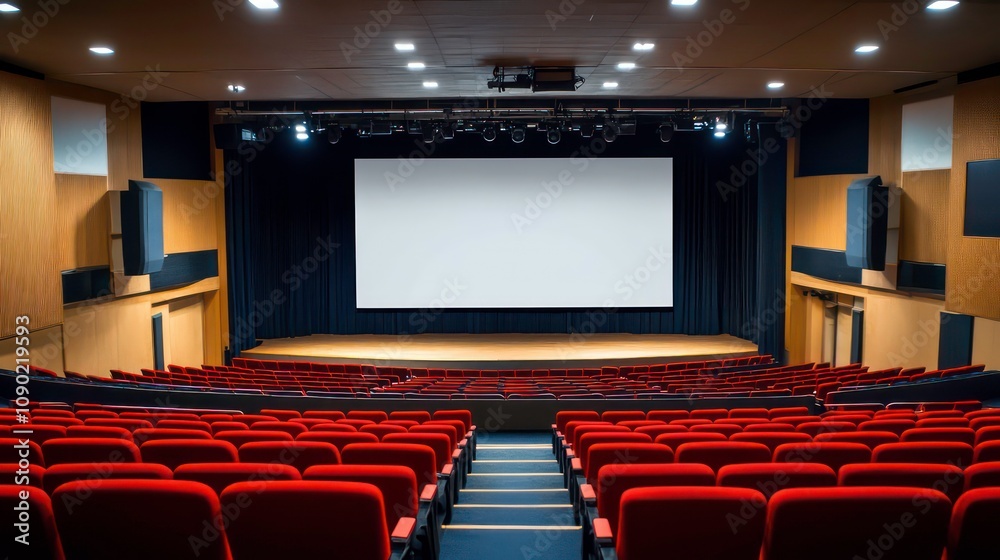 Fototapeta premium Row of seats and wide format mock up blank screen with stage