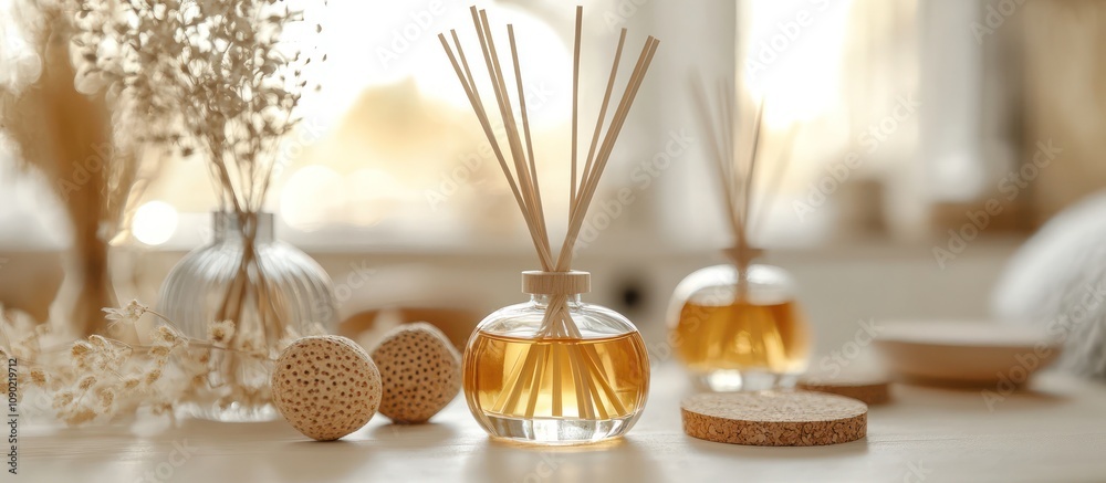 Fototapeta premium Reed Diffuser and Dried Flowers: A Relaxing Home Fragrance