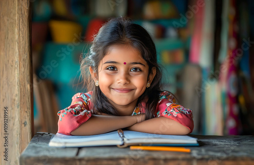 A young indian girl reading a book in a classroom.	