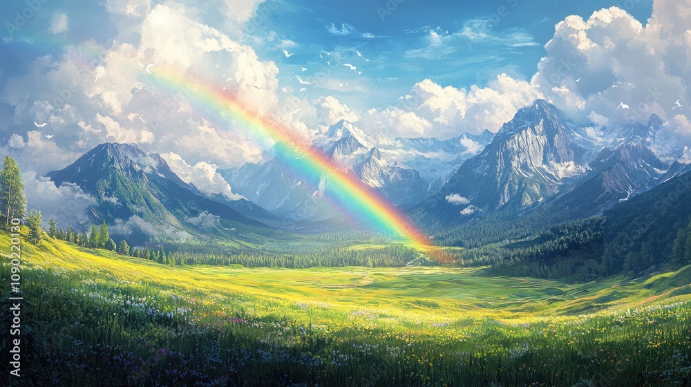 Obraz premium Breathtaking Landscape with Colorful Rainbow Over Lush Green Valley Surrounded by Majestic Mountains and Clear Blue Sky