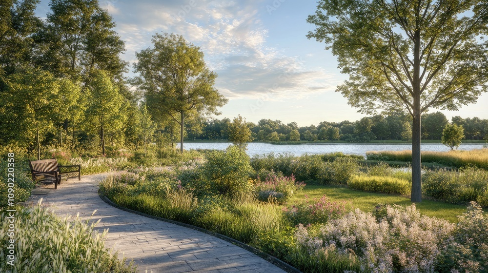 Serene Landscape of a Tranquil Park with a Walking Path, Lush Greenery, and a Glimmering Lake Under a Blue Sky and Soft White Clouds at Sunset Serene Landscape of a Tranquil Park with a Walking Path, Lush Greenery, and a Glimmering Lake Under a Blue Sky and Soft White Clouds at Sunset