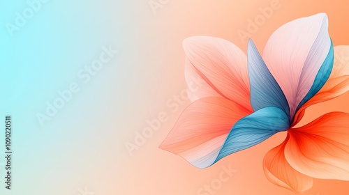 A vibrant and colorful abstract flower design, featuring delicate petals in shades of blue and orange, set against a soft gradient background.