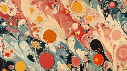 A vibrant abstract artwork featuring swirling patterns and colorful circular shapes.