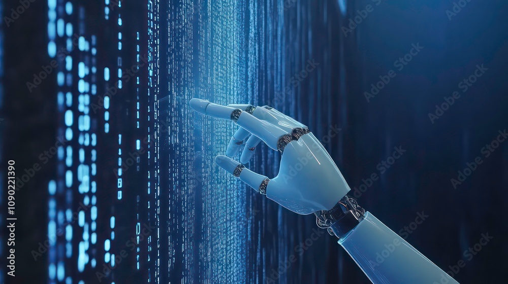 Fototapeta premium robot hand pressing on virtual digital screen hologram interface binary code big data connection technology AI machine learning idea concept design