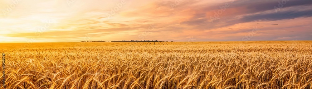 Obraz premium Golden fields under dramatic summer skies, with scattered clouds casting soft shadows over the landscape, enhancing the depth and natural warmth