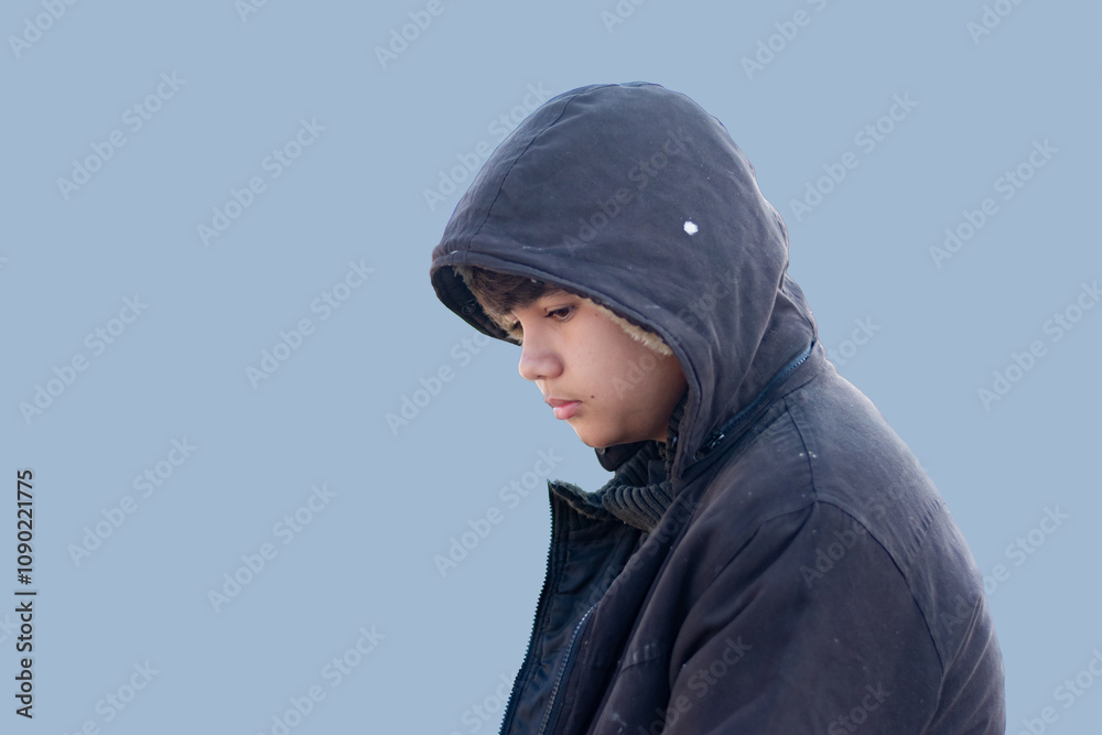portrait of asian child in dirty black sweatshirt on dark background with clipping paths. portrait of asian child in dirty black sweatshirt on dark background with clipping paths.
