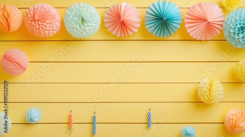 Colorful party decorations with candles on a yellow background. photo