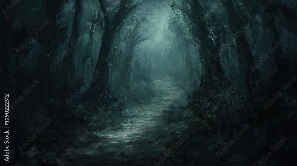 Obraz premium A dark forest path, with tall trees on both sides and mist in the air. The perspective is from behind, in the style of a speedpainting