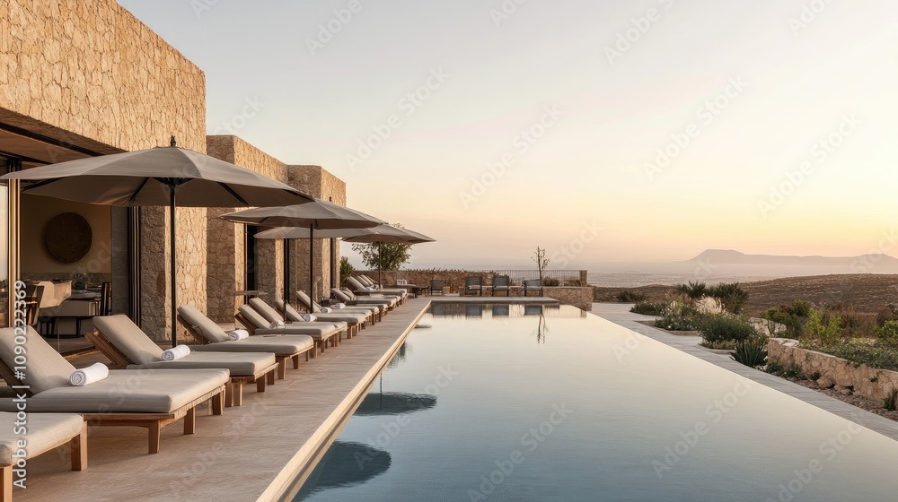 Fototapeta premium Serene Luxury Villa with Stone Architecture Overlooking Infinity Pool and Stunning Landscape at Golden Hour