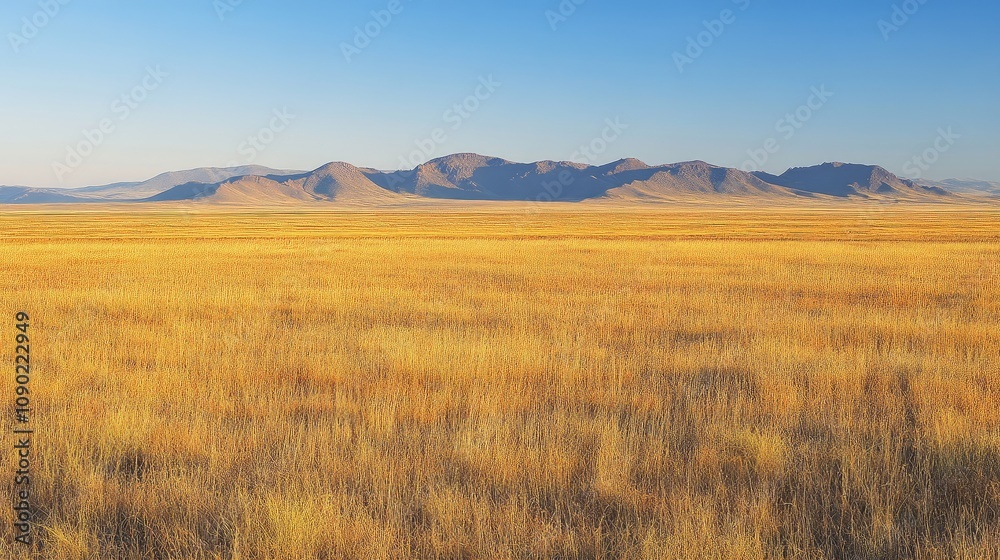 Obraz premium Captivating Expanses of Golden Grassland Under a Clear Blue Sky with Majestic Mountain Range in the Background for Nature and Landscape Photography Enthusiasts