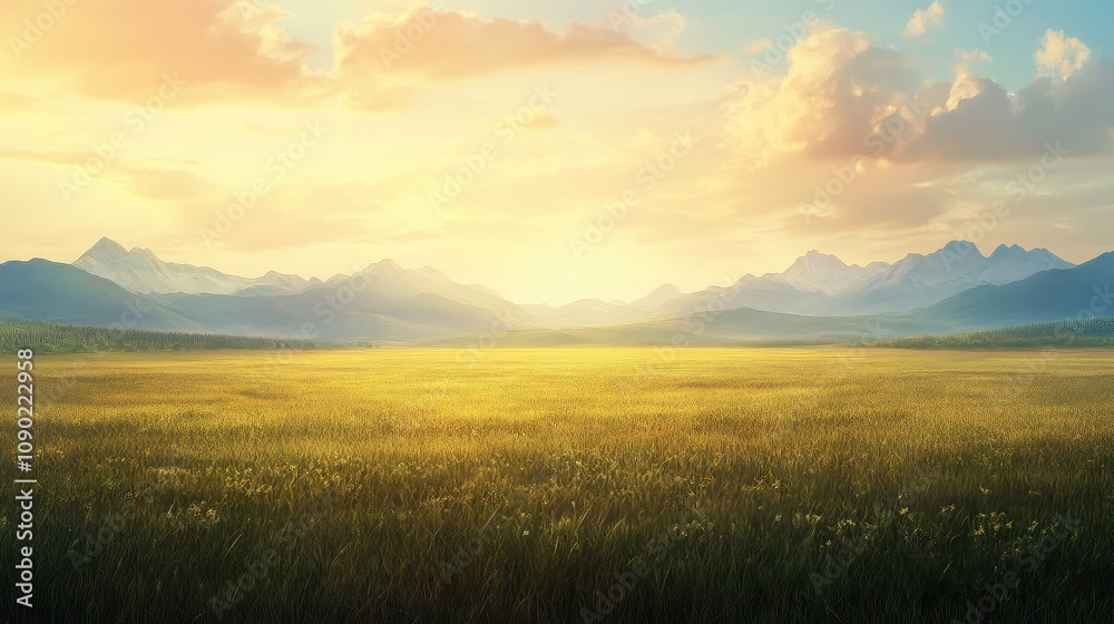 Obraz premium Serene Landscape at Sunrise with Rolling Hills, Lush Green Grass, and Majestic Mountains Under Soft Cloudy Sky, Capturing Nature’s Tranquility and Beauty