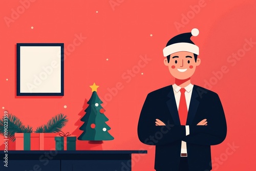 A cheerful man in a Santa hat stands confidently near a decorated Christmas tree, surrounded by festive gifts against a bright red backdrop.