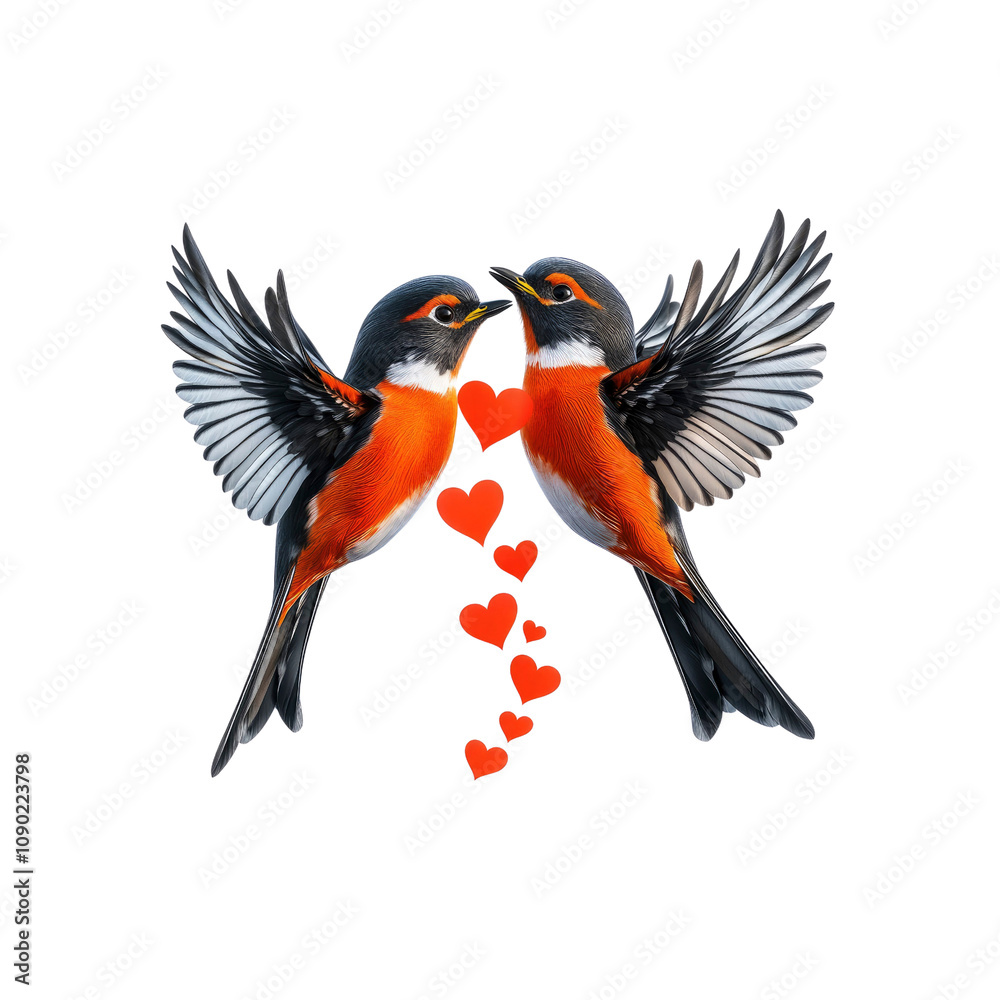 Fototapeta premium Two Birds in Love Sharing Hearts on White Background