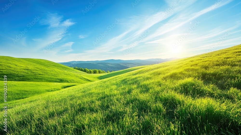 Obraz premium Lush Green Hills Under Clear Blue Sky with Soft Clouds and Radiant Sunlight Illuminating the Vibrant Landscape at Dawn