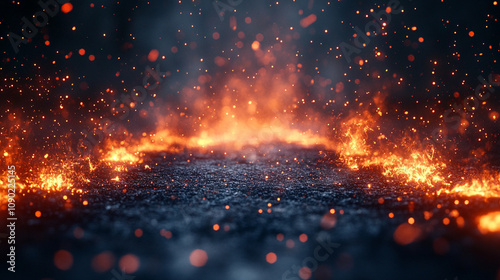 Dynamic display of fiery and coal-like particles swirling in chaos evoking energy and transformation symbolizing power destruction creation and the raw forces of nature in a captivating motion photo