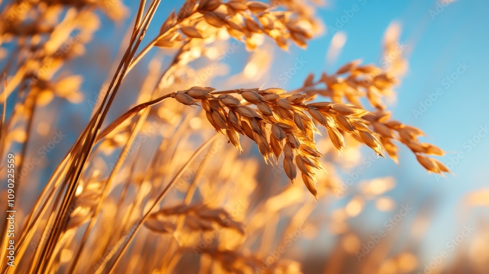 Naklejka premium 46.A close-up view of a bunch of ripe, golden-brown wheat stalks gently swaying in the breeze against a clear blue sky. The focus is on the intricate details of the grain heads, with the sunlight