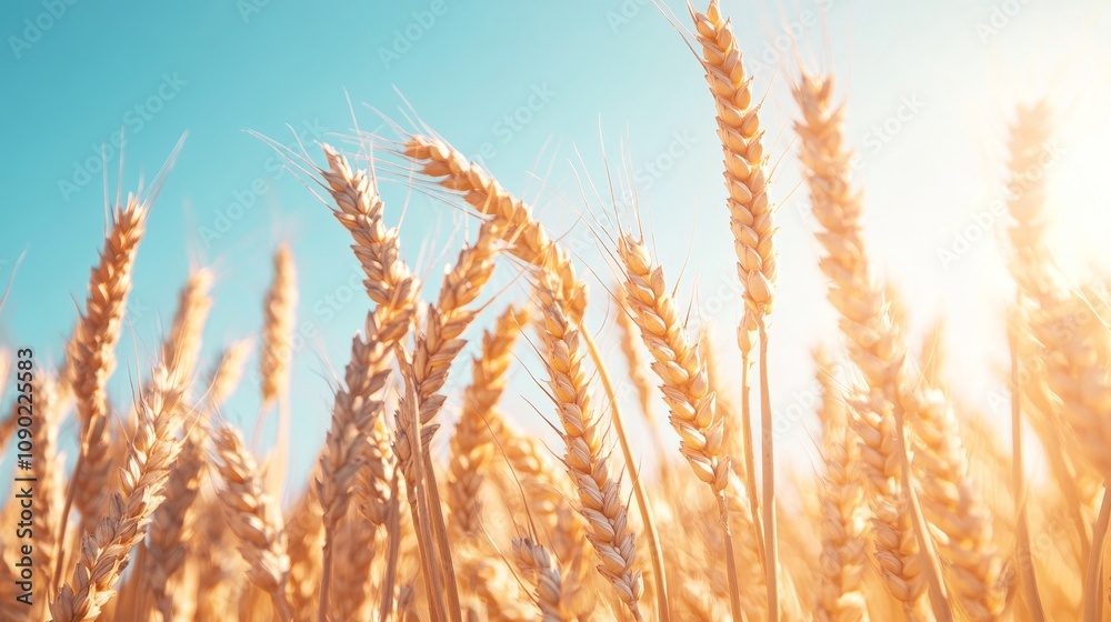 Obraz premium 46.A close-up view of a bunch of ripe, golden-brown wheat stalks gently swaying in the breeze against a clear blue sky. The focus is on the intricate details of the grain heads, with the sunlight