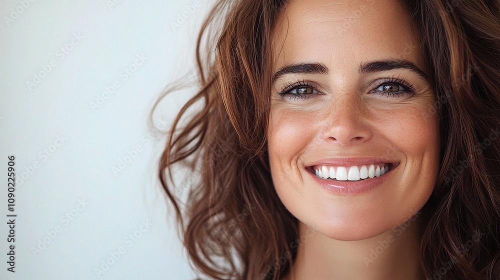 Naklejka premium Beautiful Brunette Woman with Radiant Smile Showcasing Joy and Confidence in a Bright, Natural Setting