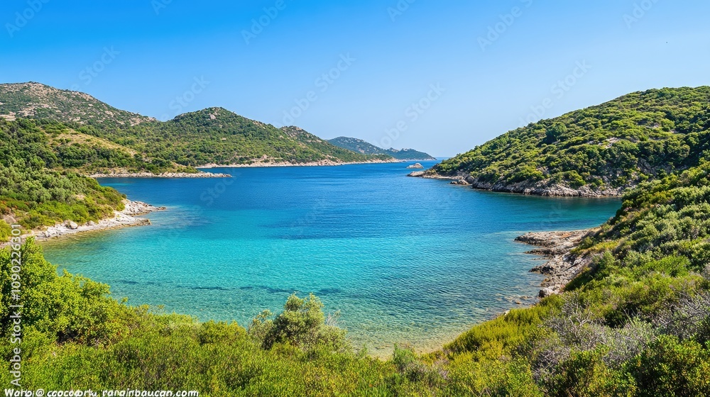 Fototapeta premium Serene Coastal Landscape with Calm Turquoise Waters, Lush Green Hills, and Clear Blue Skies in a Picturesque Natural Setting Ideal for Travel and Nature Photography
