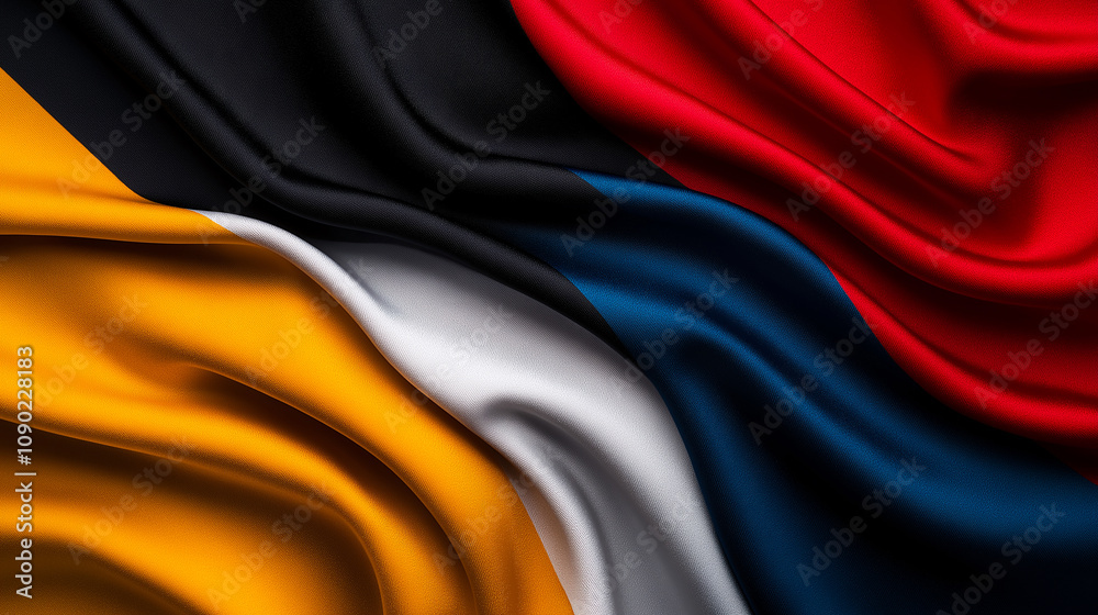 vibrant flag with flowing colors of yellow, black, white, blue, and red, creating dynamic and energetic visual effect vibrant flag with flowing colors of yellow, black, white, blue, and red, creating dynamic and energetic visual effect