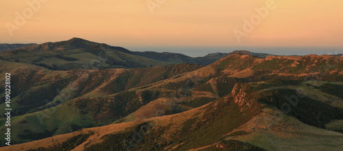 Sunset scene near Akaroa, New Zealand.