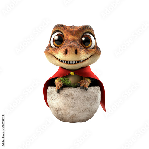 Adorable Baby Dinosaur in Egg with Red Cape - Cute Cartoon Character Illustration photo