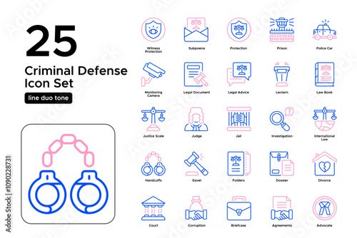 Criminal Defense Line Duo Tone Icon Set: Legal Protection, Defense Strategies, and Justice Advocacy Icons