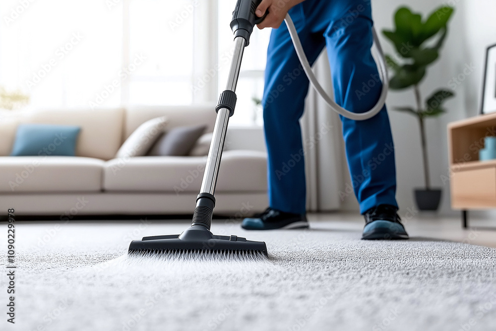 Fototapeta premium professional carpet cleaning technician uses vacuum cleaner on living room carpet, ensuring cleanliness and freshness. modern interior features sofa and potted plant