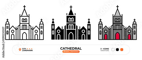 Cathedral Line Icon. Roseau Dominica, Silhouette, Color Symbol, Editable Stroke.