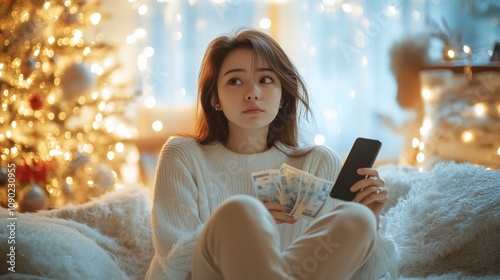 Worried upset woman holding smartphone and banknotes, having problems with ordering New Year gifts online, sitting in decorated room. New Year holiday concept photo