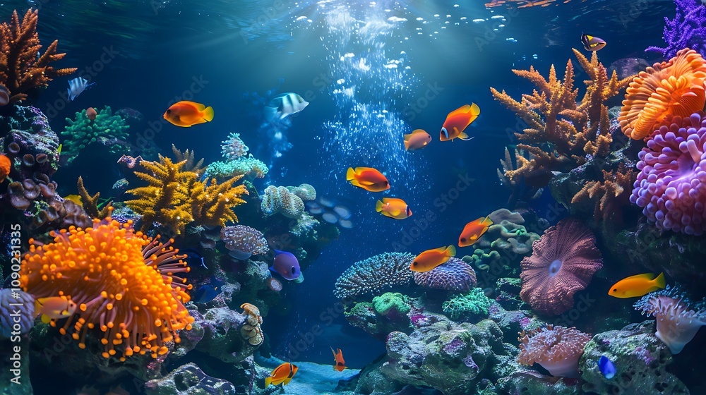 Obraz premium A well-maintained aquarium filled with colorful fish, coral, and aquatic plants, with a soft glow from the tank's lighting.