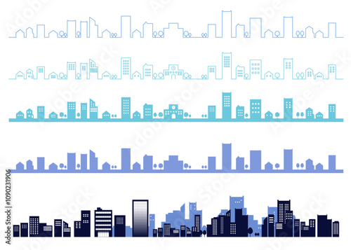 カラフルな街並みのシルエットイラストのセット　背景イラスト　線画