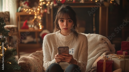 Worried upset woman holding smartphone and banknotes, having problems with ordering New Year gifts online, sitting in decorated room. New Year holiday concept photo