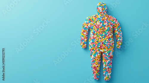 Sucralose health concept. Abstract depiction of body shape filled with colorful candies, symbolizing weight loss photo