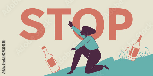 Person refuse from alcohol and cigarettes. Young girl dont want nicotine and alcoholic products. Cartoon flat vector illustration isolated on white background. Concept - alcoholism avoid, abuse, stop