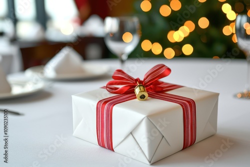 A beautifully wrapped gift sits on a festive table, adorned with a red ribbon and bell, with a blurred Christmas tree in the background.