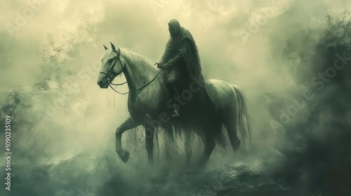 Mysterious Horseman of the Apocalypse riding a pale horse in Abstract Misty Landscape.