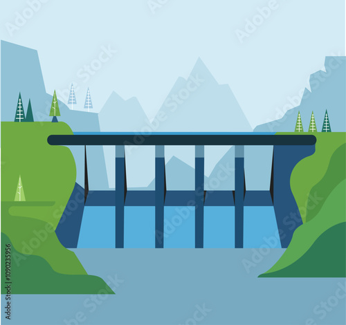 Illustration showcasing sustainable hydropower with eco-friendly dam, renewable energy, and clean power.