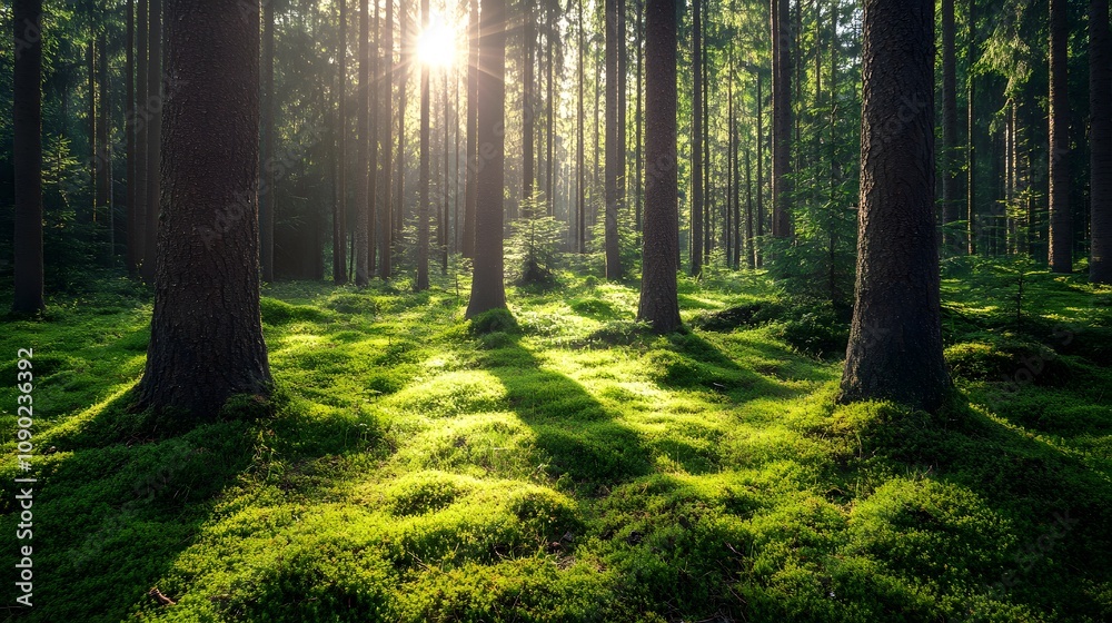 Obraz premium Sunlight filtering through tall trees in a vibrant green forest.