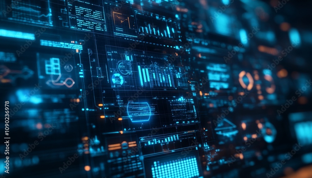 Fototapeta premium Futuristic digital screen with blue and orange glowing interfaces, charts, and data.